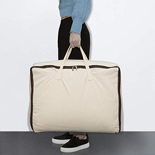 Amj Set Of 3, Canvas Storage Bag With 3-Side Zip Open & Handles, 8Oz Thick Soft Breathable Closet Organizer For Beddings, House Move Or Winter Garment Storage In Wardrobe, Beige #TOP5