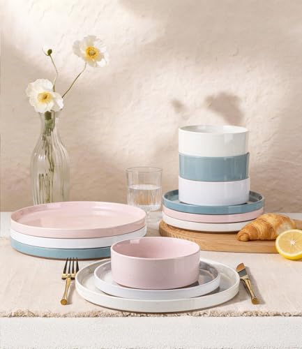 Image of AmorArc Ceramic Dinnerware Set for 4 | Handpainted Stoneware Plates and Bowls with Rustic unglazed terracotta | Scratch Resistant, Dishwasher & Microwave Safe Dishes Sets- 12-Pcs Colorful