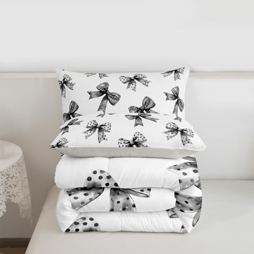 Image of Erosebridal Bow Kids Comforter Set | Ribbon Black Bow Bedding Twin Size Coquette Bowknot with Dots Down Comforter Dreamy Princess Bowtie Duvet Set for Bedroom