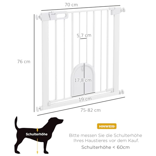 PawHut Türschutzgitter Treppenschutzgitter Hunde Absperrgitter Schutzgitter für Haustier Hundegitter Klemmbefestigung Stahl Weiß 75-82 x 76 cm