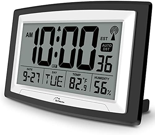 WallarGe Atomic Clock with Indoor Temperature and Humidity,Self-Setting Digital Wall Clock or Desk Clock,Battery Operated Alarm Days Digital Clock Large Display for Seniors,Auto DST.