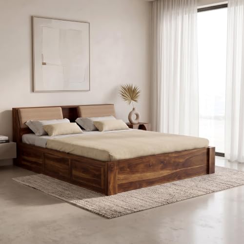 Image of Ganpati Arts Sheesham Wood Mayor Queen Size Bed with Box Storage & Headboard | Wooden Double Bed Cot Palang for Bedroom, Home, Hotel & Guest Room | 1 Year Warranty (Teak Finish)