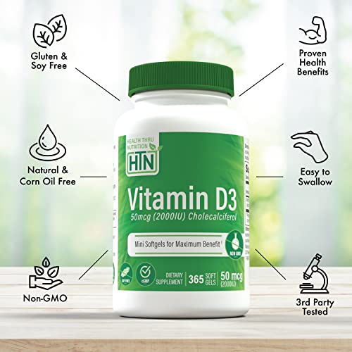 Image of Health Thru Nutrition Vitamin D3 2000iu 365 Mini Softgels for Maximum Benefits | Year Supply | 50mcg Cholecalciferol | 3rd Party Tested | Non-GMO USP Grade in EVOO | Immune Health Support