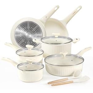 CAROTE 12pcs Pots and Pans Set Non Stick, Nonstick Kitchen Cookware Sets, Granite Pots Set, Kitchen Induction Pots and Pans Cooking Sets, White and Gold