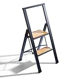 Step Ladder 2 Step Folding, Decorative - Beautiful Bamboo & Black Aluminum, Ultra Slim Profile, Anti Slip Steps, Sturdy-Portable for Home, Office, Kitchen, Photography Use,by SORFEY