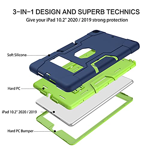 Bentoben Ipad 9Th Generation Case, Ipad 8Th Generation Case, Ipad 7Th Generation Case, 3 Layers Heavy Duty Rugged Shockproof Kickstand Protective Case For Ipad 10.2 Inch 2021/2020/2019,Dark Blue/Green #TOP2