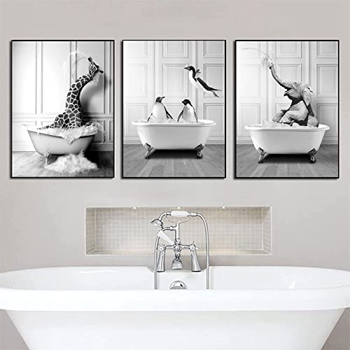 Animaux amusants dans la baignoire tableaux déco de bain 3 pièces - 2
