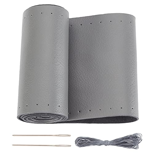 GORGECRAFT Universal Car Steering Wheel Cover Lace Up Genuine Leather Sew on Steering Wheel Stitch on Wrap 15 Inch Auto Interior Accessories Protector with Needle for Men Women(Gray)