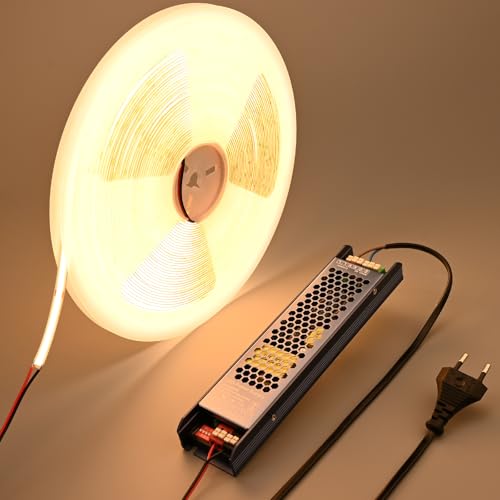 BENLUN 24V IC COB LED LED Strip Light 20M, 3000K Warm Wit Snijdbaar Zelfklevend 480LEDs/M CRI 90+ Ledstrip met Voeding voor Slaapkamer Keuken Woonkamer Plafond Akoestische Panelen