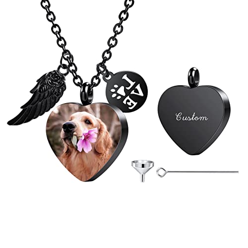 INBLUE Personalisierte Urnen Halskette für Asche, Pfotenabdruck Herz Edelstahl Anhänger, Gravur Foto Hund Katze Name, Feuerbestattung Schmuck für Damen Herren mit Trichter Set, Engelsflügeln Cover