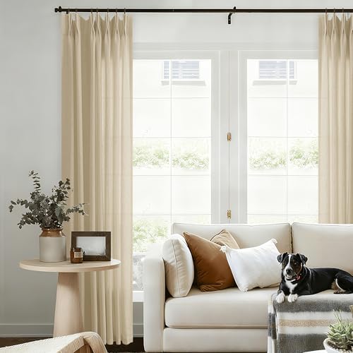Light Filtering Pinch Pleat Linen Curtains 102 Inches Long for Living Room Pleated Draps with Hooks Rings for Traverse Rods Back Tab 102 Inch Boho Farmhouse Rustic Sheer Curtains Warm Beige Tan 40x102