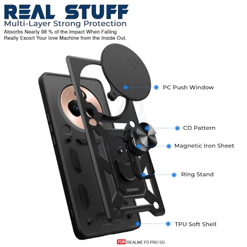 Image of AESTMO Tough Armor Realme P3 Pro 5G Bumper Back Case Cover | Ring Holder & Sliding Camera Shield Cover | 360 Degree Protection Back Case Cover for Realme P3 Pro 5G (Black)