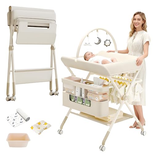 La Mejor Lista de Muebles para bebé - los más vendidos. 50 Meeyoga Cambiador para bebe portatil, Cambiador bebe plegable, Ajustable en 5 alturas, Impermeable, Cambiador de pañales para bebe con organizador de almacenamiento, Ruedas...