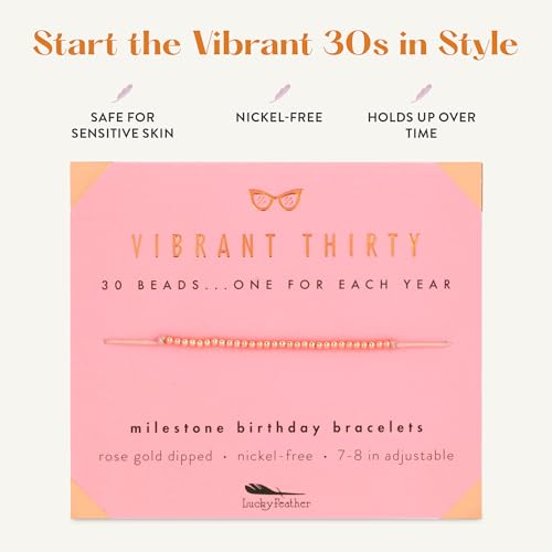 Lucky Feather 30th Birthday Gifts for Women | 30th Birthday Bracelet 14K Gold, Silver, Rose Gold Dipped Beads on Adjustable Cord | gifts for women birthday unique | Vibrant thirty4