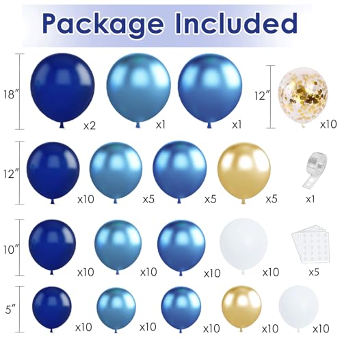 Image of Navy Blue and Gold Balloons Arch Kit, Blue and White Balloon Arch Kit with Metallic Dark Light Blue Gold Conftti Balloons Garland for Graduation Birthday Father's Day Party DIY Decoration