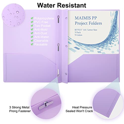 Maimis Plastic File Folders With Pockets - (5 Pack, Assorted Colors) Heavy Duty 3 Hole Two Pocket Folder With Pockets 3 Prong Folders A4 Letter Size Colored Plastic Folders For School Office Home #TOP3