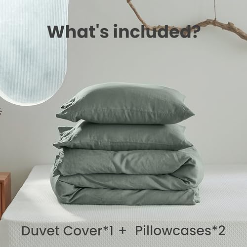 Simple&Opulence 100% Linen Duvet Cover Set 3pcs with Coconut Button Closure Natural French Washed Flax Solid Color Soft Breathable Farmhouse Bedding - Cushing Green, King Size