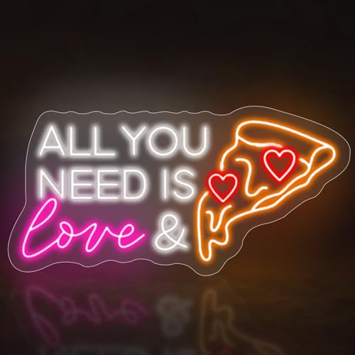 Image of All You Need Is Love & Pizza,Pizza Neon Sign for Wall Decor, Pizza LED Neon Light for Pizzeria, Restaurant, Kitchen, Store, Food Lovers Bedroom Restaurant Shop Party Decoration, 21.26 inchx10.63 inch
