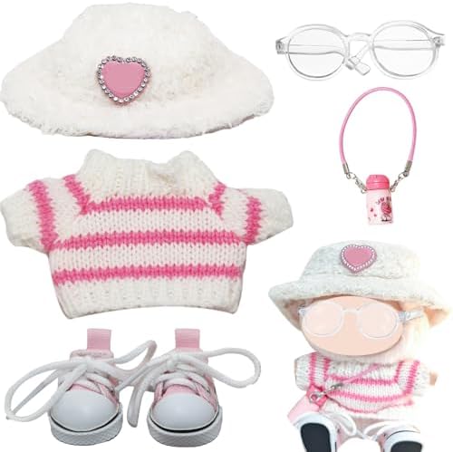 5 Piezas Set de Ropa de Muñeca 17 cm, Kit de Accesorios para Muñecas de Peluche con Sombrero Gafas Ropa Zapatos Botella de Agua para Niños Niñas Regalos (Sin Muñeca)