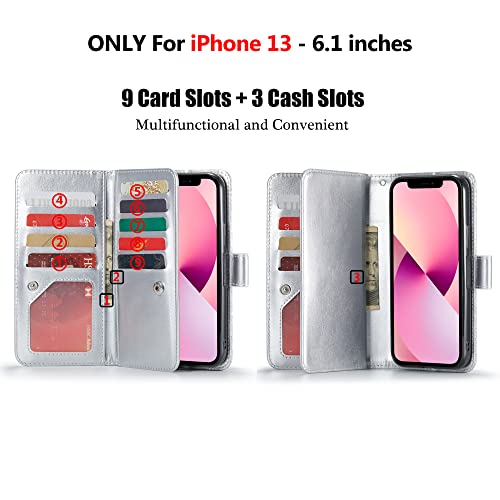 Varikke for iPhone 13 Wallet Case, Detachable Magnetic Flip Cases Fits iPhone 13 Wallet Case for Women Men with Card Holder & Kickstand & Wristlet, Glitter PU Leather Cover for iPhone 13 6.1
