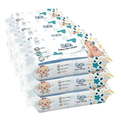 Image of Jr. Sr. Baby Wipes | 80 Wipes x Pack of 12-960 Wipes | Safe & Moist Wet Wipes for Babies | Prevents Rashes & Redness with Goodness of Aloe Vera, Vitamin E & Chamomile Oil | No Paraben & No Alcohol