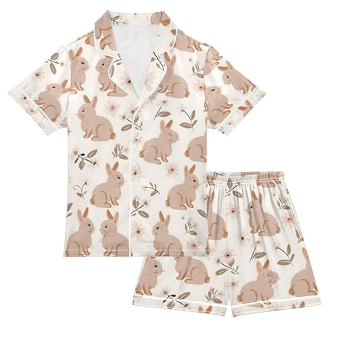 ALAZA Rabbit Cartoon Leaves Stylish Pajamas Satin Pajama Set Short Sleeve Button Down Sleepwear