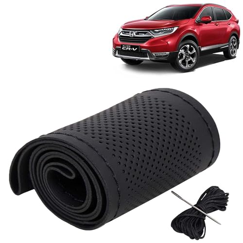 Image of KINGSWAY PU Leatherite Car Steering Cover Sewable Compatible with Honda CRV (Year 2019 Onwards), Black Color with Black Thread, Pack of 1 with Sewing Needle and Thread