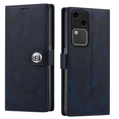 Image of Fastship Genuine Leather Finish Flip Cover Compatible Model for Vivo V2318 / Vivo V30-5G | Inside Back TPU Wallet Button Magnetic Closure for Vivo V30 5G - Navy Blue