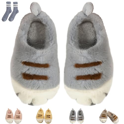 Cat Paw Slippers For Women, Cozy Cute Cartoon Furry Cat Feet Slides, Winter Warm Plush Anti-Slip House Shoes Girls Men