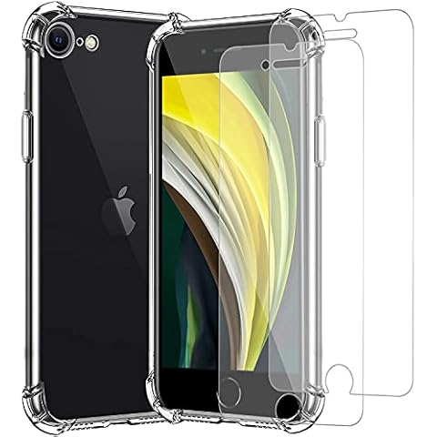 For iPhone SE 2020 2022 Case with 2 x Tempered Glass Screen Protector,iPhone 7 8 Clear Phone Case,iPhone SE 2020 Shockproof Cover,Anti-Scratch Shock Absorption Phonecase,4.7 Inch Cover