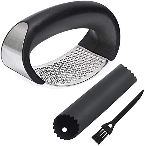 Garlic Press Rocker Stainless Steel with 2Pcs Silicone Garlic Peeler Roller Tube Set With Odorfree Kitchen Tool Easy to Clean Dishwasher Safe