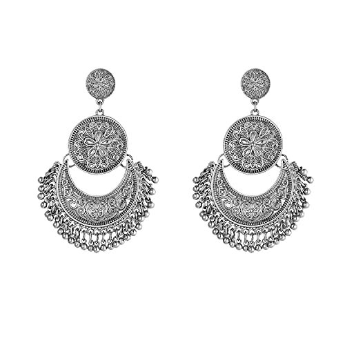 YUNXI Bohemian Ethnic Small Bells Bali Jhumka Jhumki Engraved Lotus Mexico Gypsy Tassel Dangle Earrings Traditional Ear Studs (Silver)