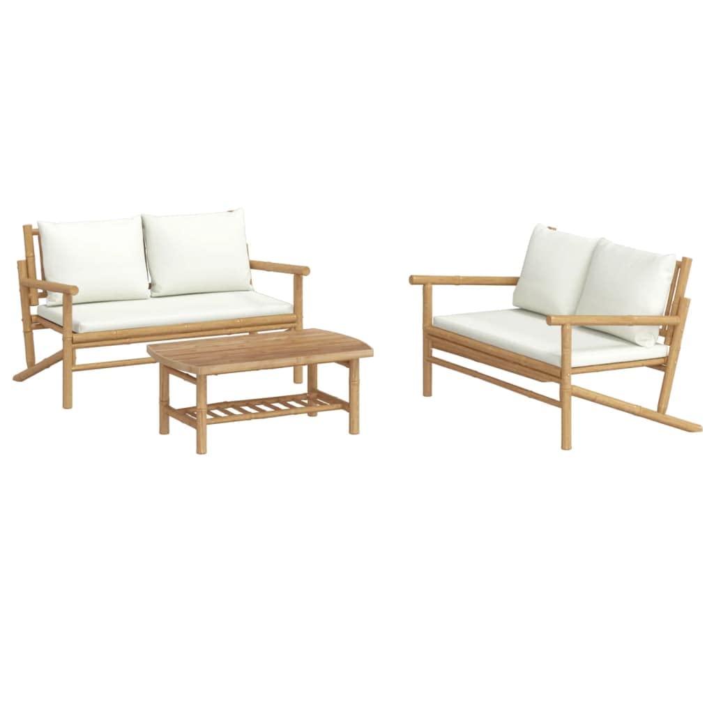Juego de muebles de jardín de bambú de 3 piezas con cojines de asiento y respaldo de color crema, incluye práctica mesa para comer y beber, sofá modular para exteriores con reposabrazos