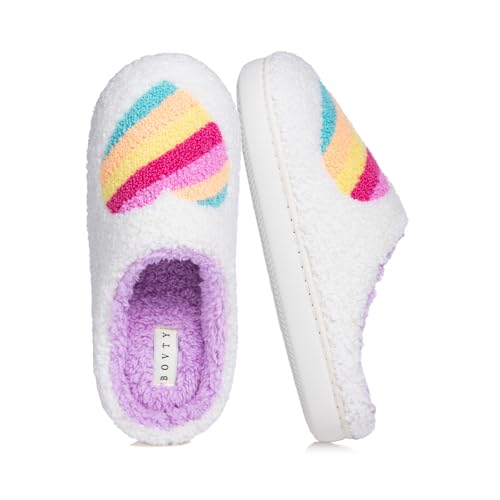 Bovty W-2402-PURPLE HEART-M-1 Women'S Cozy House Slippers-Colorful Hearts Pattern Retro Soft Plush Warm Lightweight Slip-On Memory Foam Indoor Outdoor Shoes cover