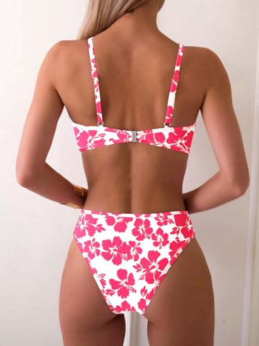 Image of Fanuerg Women's Triangle Bikini Sets O Ring Linked Two Piece Swimsuits Floral Printed Cheeky Bathing Suit