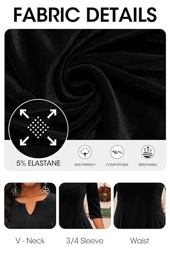 Image of Nmoder Midi Dresses for Women A-Line Fit and Flare Dress 3 /4 Sleeve V Neck Cocktail Wedding Guest Work Dress with Pockets