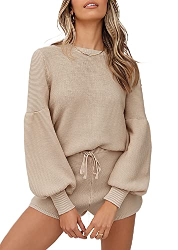 Imesrun Womens Two Piece Outfits Lantern Long Sleeve Top and Drawstring Shorts Casual Pullover Sweater Knit Sets Apricot Small