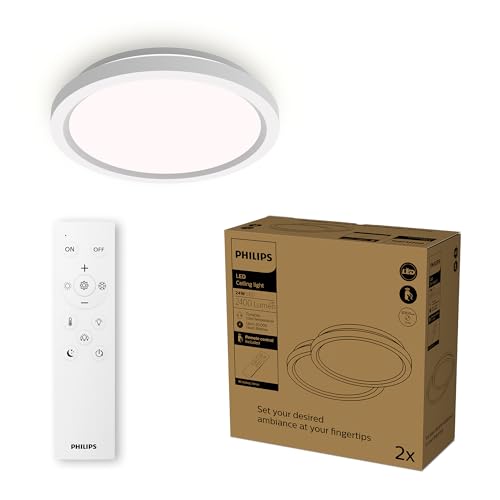 Philips LED, lámpara de techo con mando a distancia, redonda, 30 cm, regulable, luz blanca regulable, salón, dormitorio, sin parpadeo ni deslumbramiento, diseño moderno, blanco/negro