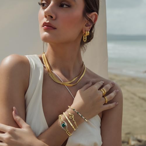 17IF 4 Pcs Gold Bangle Bracelet for Women, Dainty 14k Chunky Trendy Hand Cuff Jewelry Set Charm Stack Accessories Link Adjustable Wrist for Aesthetic Outfit3