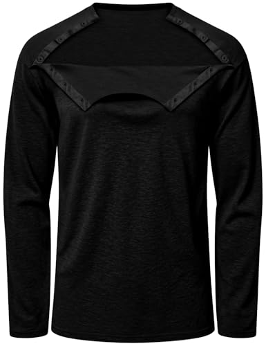 Chemo Port Shirts for Men Women Long Sleeve Post Shoulder Surgery Recovery Shirts Snap Off Chemotherapy Clothing Unisex (US, Alpha, Large, Regular, Regular, Black)