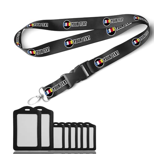 Lanyard Personalizado [Texto y Logo] - Cinta de Cuello para Tarjeta Identificativa, Llaves y USB - Cierre de Seguridad y Gancho Metálico - Regalo para Enfermera, Profesores y Oficina (Negro)