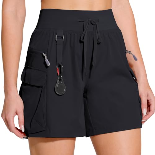 Riocs Wandershorts Damen Cargo Schnelltrocknend Funktionsshorts mit Reißverschlusstaschen 4-Wege-Stretch Leichte Outdoor Shorts High Waist Kordelzug Schwarz M