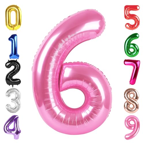 Image of 40 Inch Pink Number 6 Balloon Birthday Party Decorations for Men & Women | 40 Inch Pink inflatable foil number balloons, large birthday decorations for 6th birthday
