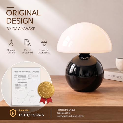 Image of Dawnwake Mushroom Lamp Table Lamp for Bedroom-Small Desk Table Lamps,Black | 8.7 inch Mid Century Modern Table Lamps for Living Room Bedroom Decor,Cute Ceramic Lamps for Mushroom Home Room Decor,Glass Shade