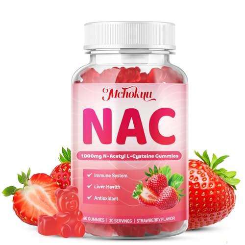 Mchokuu NAC Gummies for Adults & Kids 1000mg, NAC Supplement N-Acetyl Cysteine, Immune Support Liver & Lung Health Antioxidant Sugar-Free, Strawberry Flavor Gummy, 60 Counts