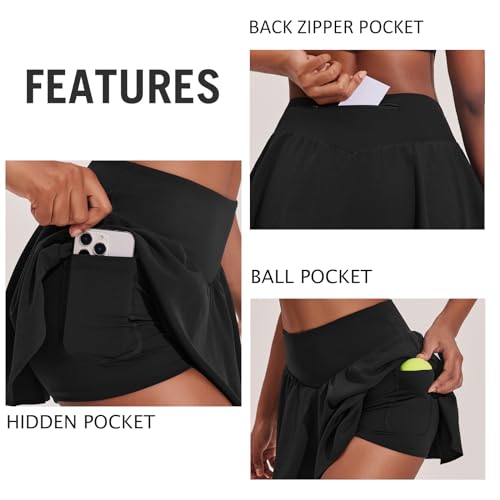 Image of PINSPARK Womens Tennis Skirt Pleated High Waisted Golf Skort with 3 Pockets | Double Ruffle, Soft, Lightweight, Quick Dry, Tummy Control Athletic Skirts, Workout Skorts, for Pickleball, Running, Casual