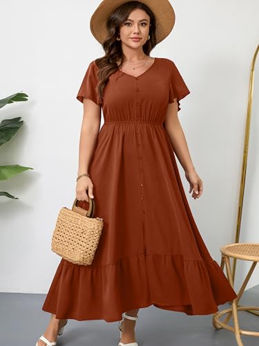 Image of RWJ Women Plus Size Maxi Dress V Neck Short Sleeve Button Trim Split Flowy Tiered Casual Long Dresses 2025 L-3XL