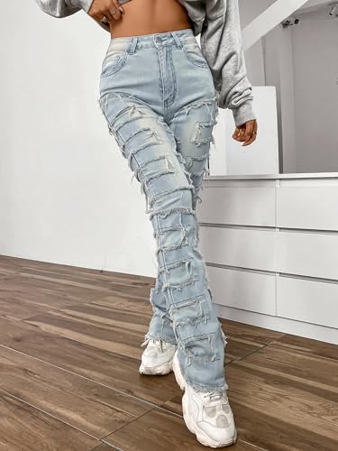 Conshvi Stacked Jeans for Women Straight Leg Jeans Mid Rise Slim Fit Distressed Patchwork Jeans Trendy Stretchy Denim Pants2
