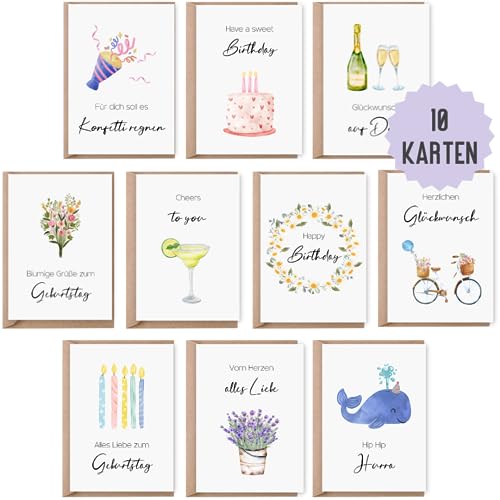 10 Geburtstagskarten DIN A6 | Glückwunschkarten zum Geburtstag | Set 10 Klappkarten Happy Birthday inklusive Naturkuvert | Karten Geburtstag | Glückwunschkarten aquarell