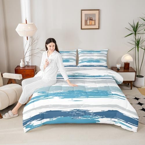 Erosebridal Abstract Blue Comforter Set Queen Size Modern Teal Grey Striped Bedding Set for Boys Men Geometric Aesthetic Oil Painting Comforter Minimalist Simple Watercolor Quilt